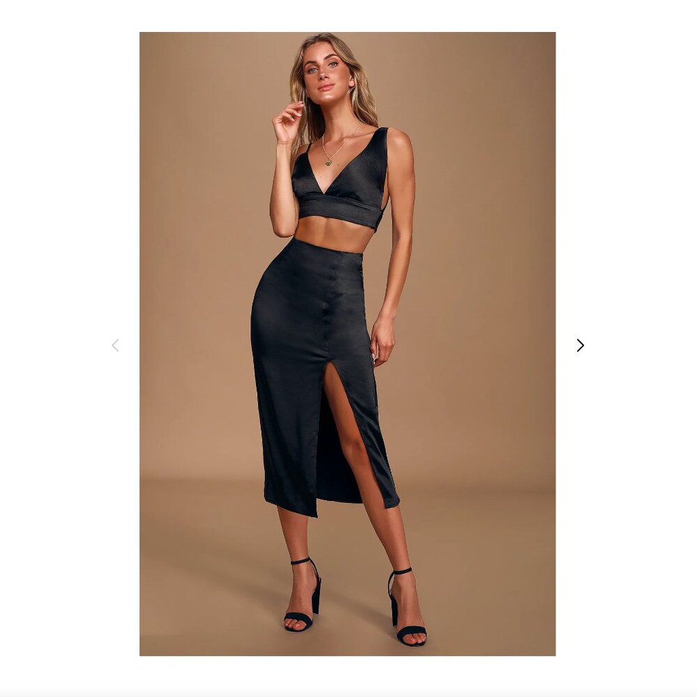 Lulus | Watch Me Wow Black Satin Midi Skirt NWOT